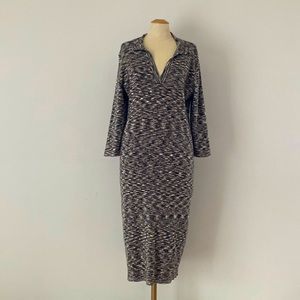 REITMANS brown & beige stripe MIDI sweater dress with V neck and collar. XL